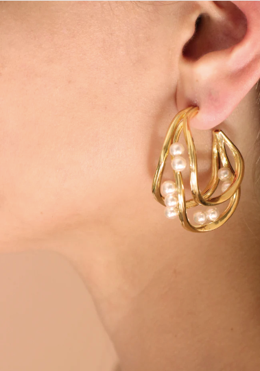 GOLD PLATED STATEMENT WAVES HOOPS WITH PEARL