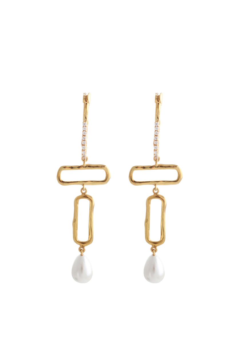 LONG EARRINGS WITH PAVE STONES AND PEARL DROPS