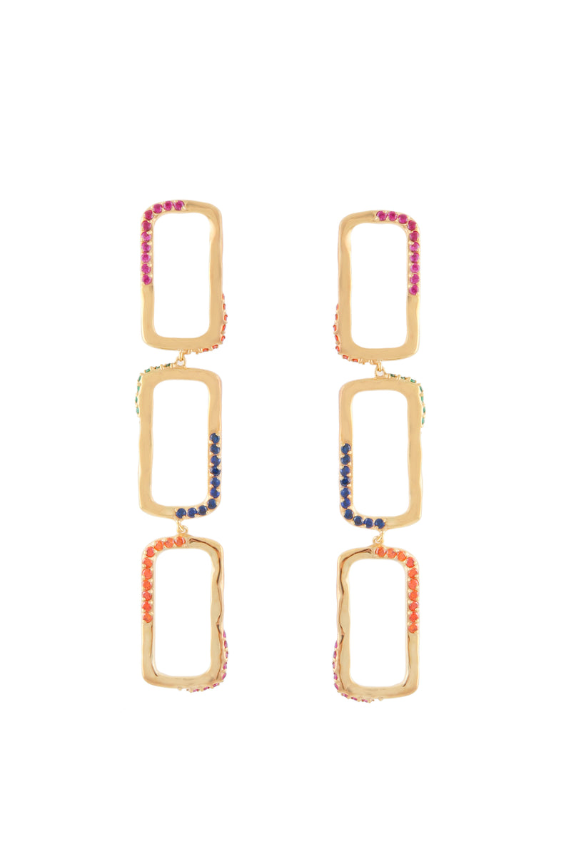 RECTANGLE WAVE CHAIN EARRINGS WITH MULTI COLORED STONES