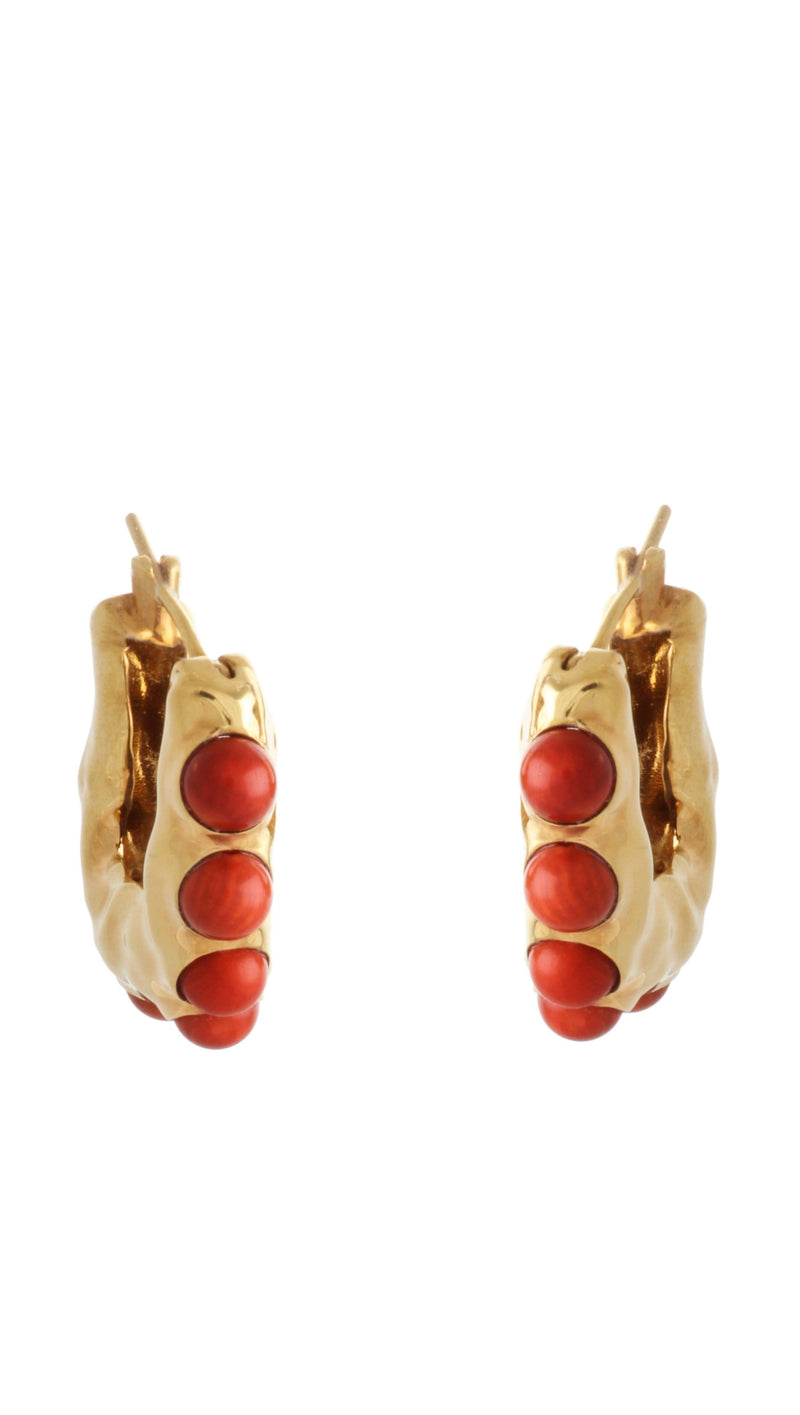 WAVE HOOP EARRINGS WITH CORAL COLORED STONES