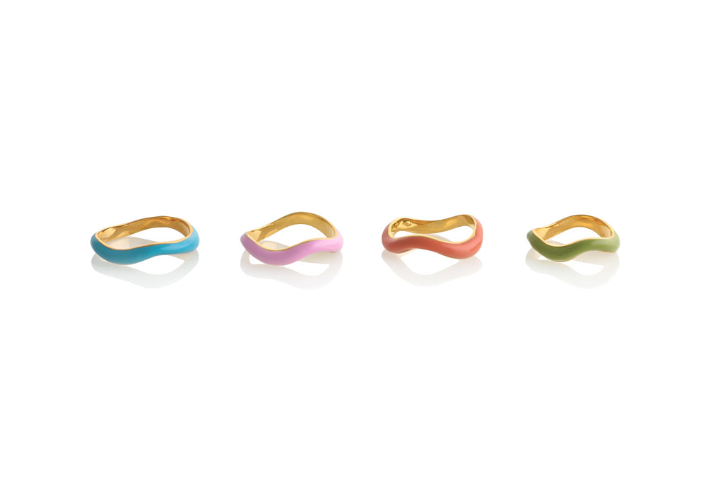 SET OF FOUR WAVE RINGS WITH MULTI COLORED ENAMEL